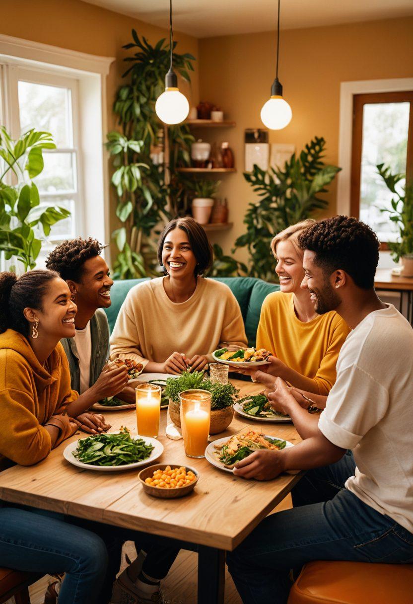 A cozy, inviting shared living space featuring diverse individuals engaging in friendly conversations, cooking together, and enjoying games. The scene should include vibrant decor, plants, and warm lighting to evoke a sense of community and togetherness. Show elements like shared meals and laughter to emphasize affection and friendship. super-realistic. warm colors. soft lighting.