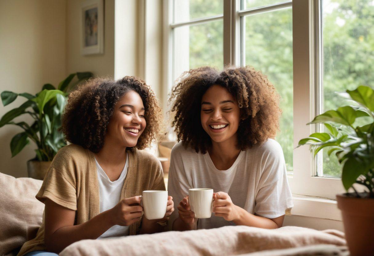 A cozy living room scene depicting two diverse roommates laughing and sharing a moment over a warm cup of tea, surrounded by plants and personal mementos that represent their friendship. A soft light filters in through the window, highlighting their joyful expressions, while a pet cat playfully interacts nearby. Emphasize warmth, connection, and community spirit. super-realistic. vibrant colors. warm lighting.