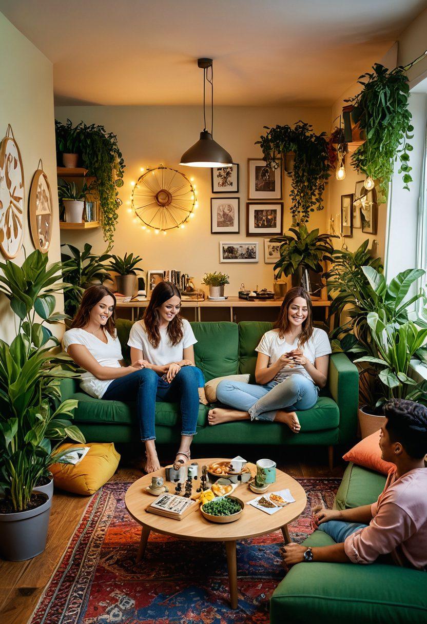 A cozy shared living space featuring diverse individuals happily engaging in activities such as cooking, playing games, and relaxing together. Include warm lighting, plants, and personalized decorations that reflect their unique personalities. Show elements of affection like laughter and friendly conversations, emphasizing connection and community. Capture the essence of shared living with a harmonious atmosphere. super-realistic. vibrant colors.